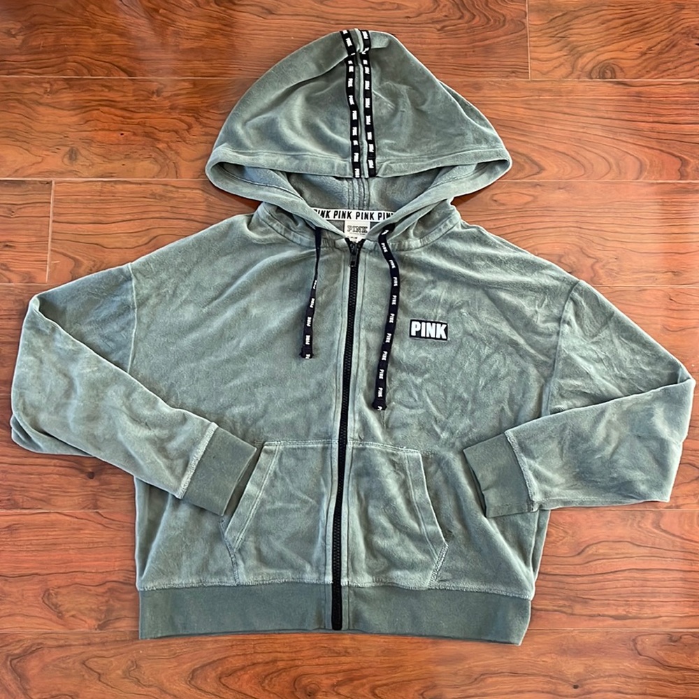 Victoria's Secret PINK Sage Green Velour Full Zip Up Sweatshirt Hoodie Jacket